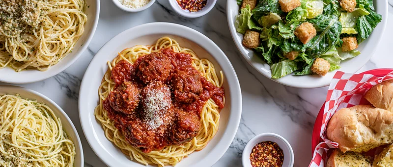 Overhead flat lay of italian dinner spread with spaghetti meatballs salad bread on white marble table