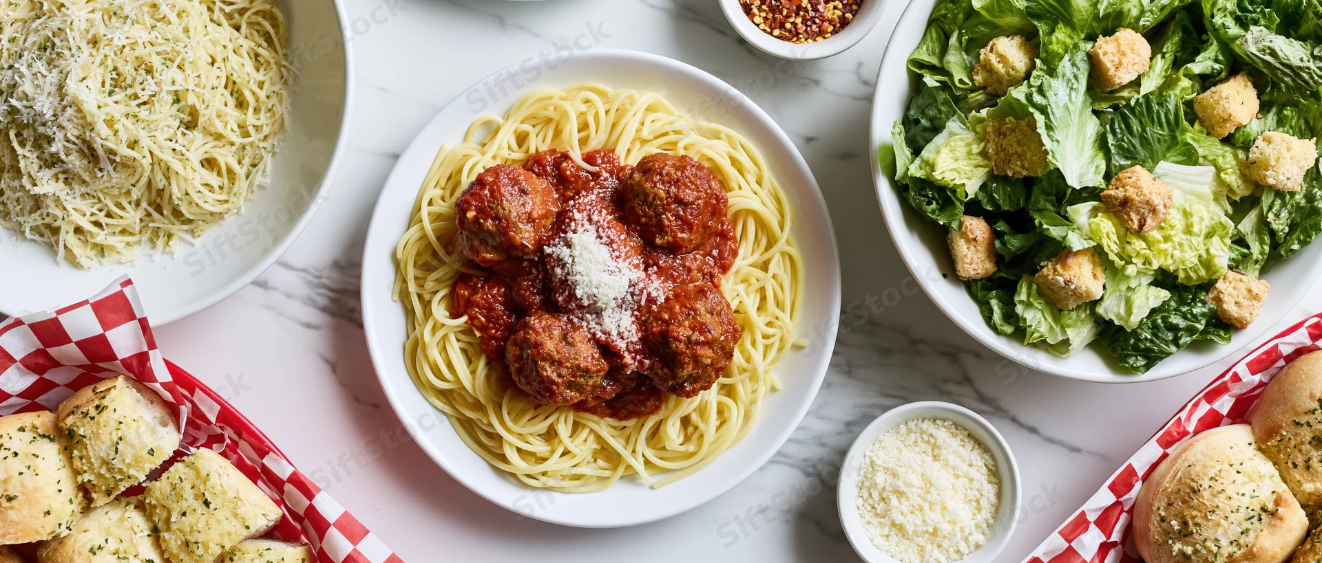 Spaghetti with meatballs and tomato sauce served with garlic bread and salad on a white marble table