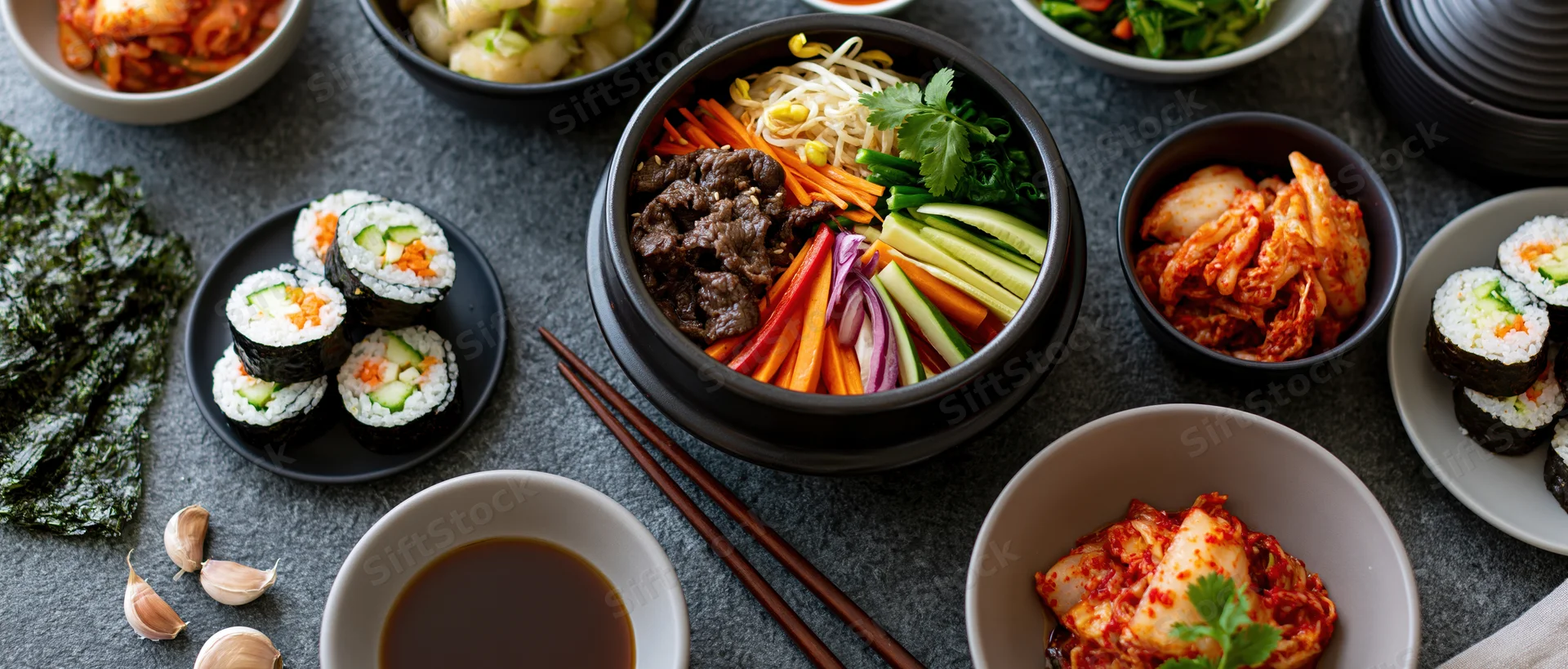 Overhead flat lay of korean bibimbap bowl with vegetables beef rice and side dishes on dark textured surface