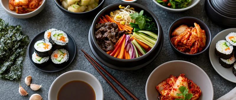 Overhead flat lay of korean bibimbap bowl with vegetables beef rice and side dishes on dark textured surface