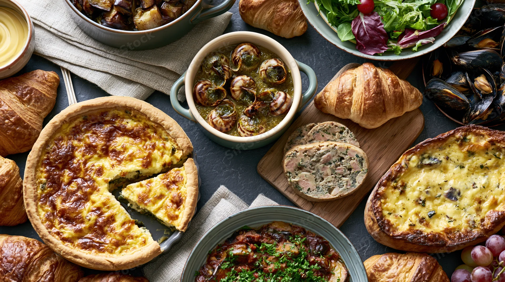 Overhead flat lay of a french cuisine spread featuring quiche, croissants, escargot, mussels, salad, and pâté on a dark slate surface