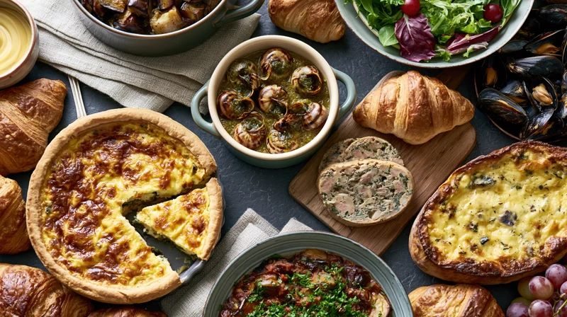 Overhead flat lay of a french cuisine spread featuring quiche, croissants, escargot, mussels, salad, and pâté on a dark slate surface