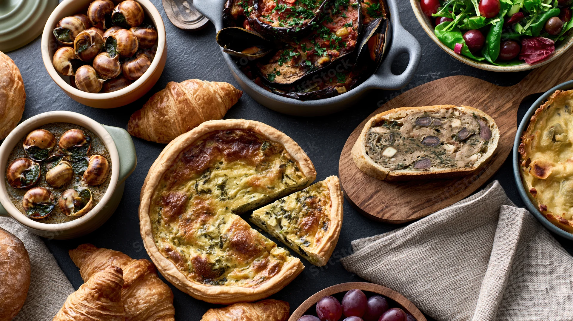 Overhead flat lay of a french cuisine spread with quiche, croissants, mussels, escargot, salad and cheese on dark slate table