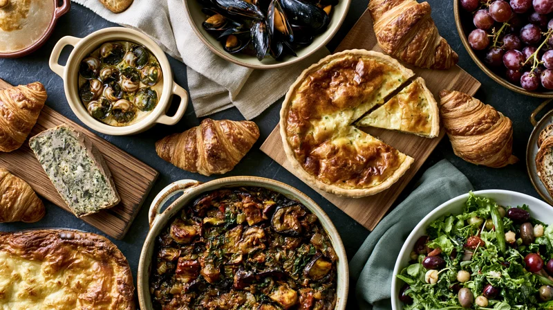 Overhead flat lay of a french cuisine spread with croissants, quiche, salad, mussels, escargot, cheese, and grapes on a dark surface
