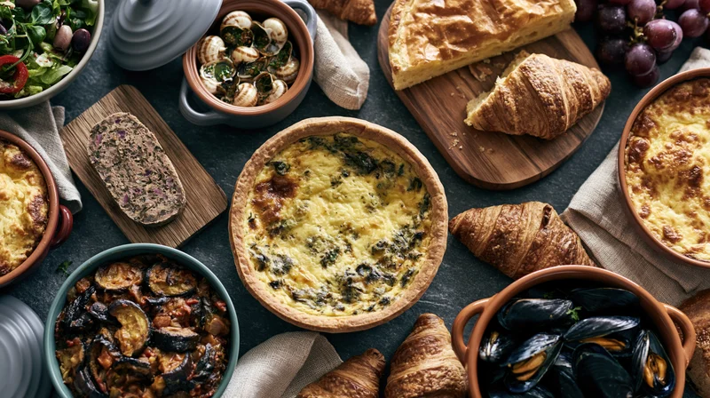 Overhead flat lay of French cuisine spread with quiche, croissants, mussels and salad on dark slate table