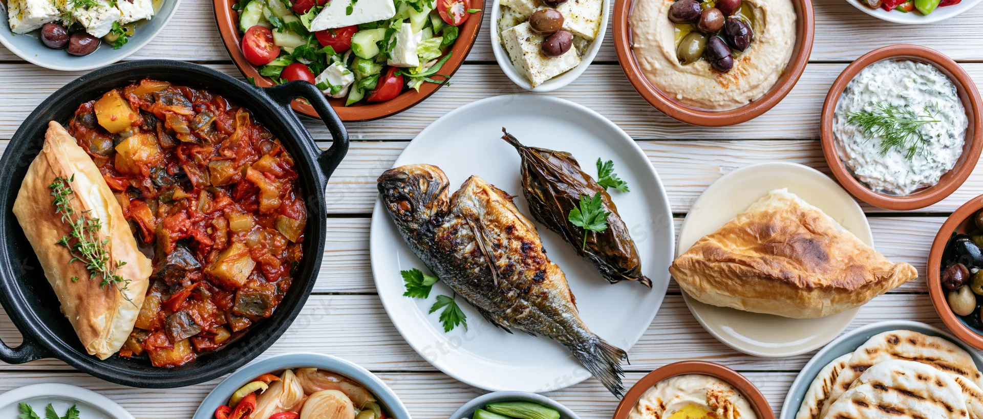 Greek mezze spread arranged overhead on a white wooden table with grilled fish, hummus, tzatziki, feta, olives, and