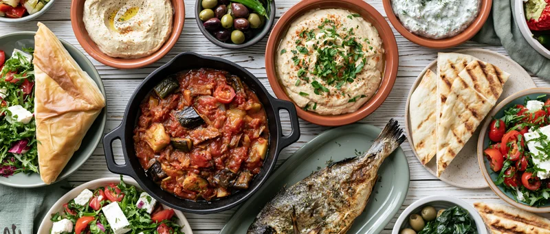 Greek mezze spread with hummus, tzatziki, grilled fish, pita, salad, and olives on white wooden table