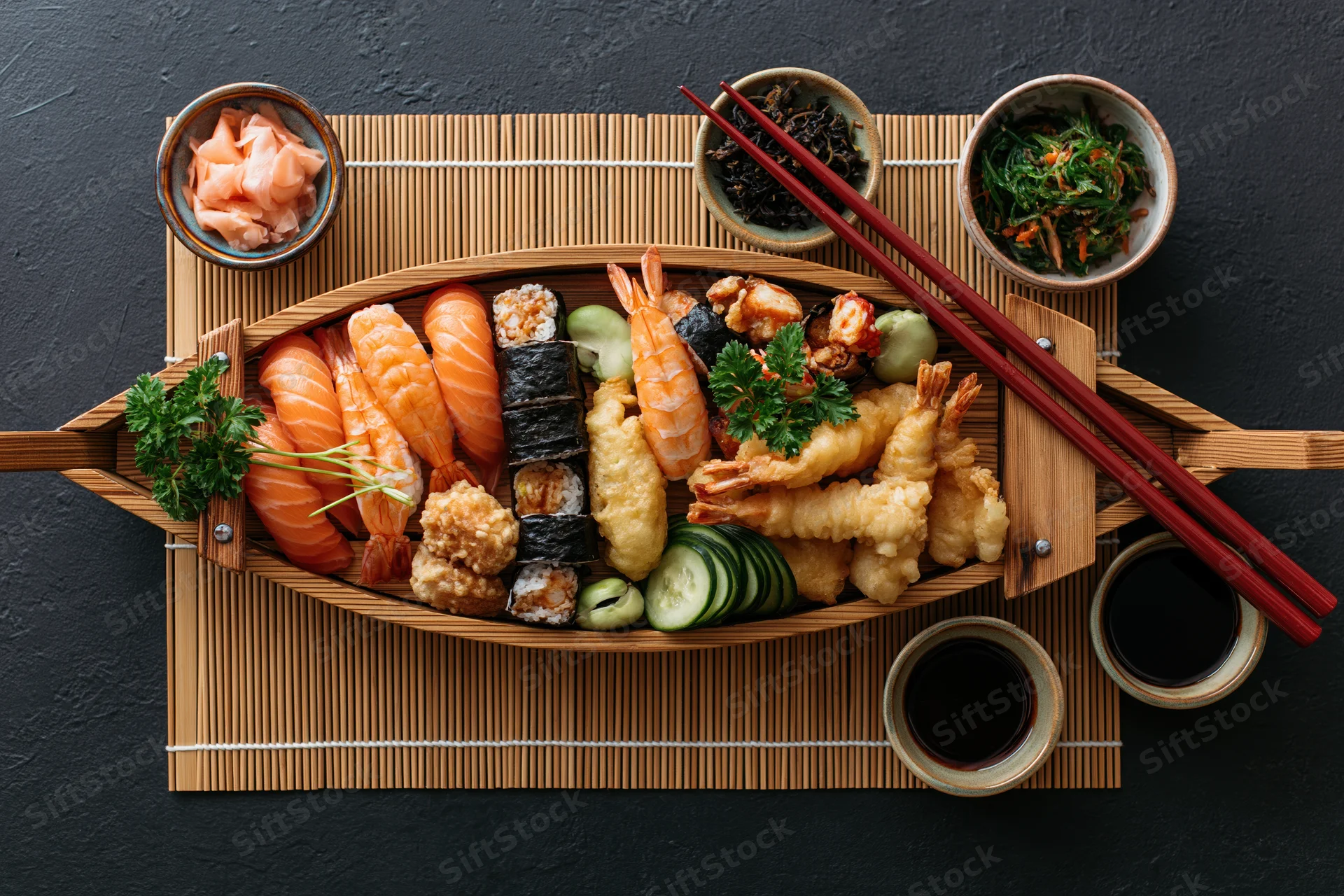 Sushi platter arranged on a bamboo mat with chopsticks and soy sauce bowls on dark surface