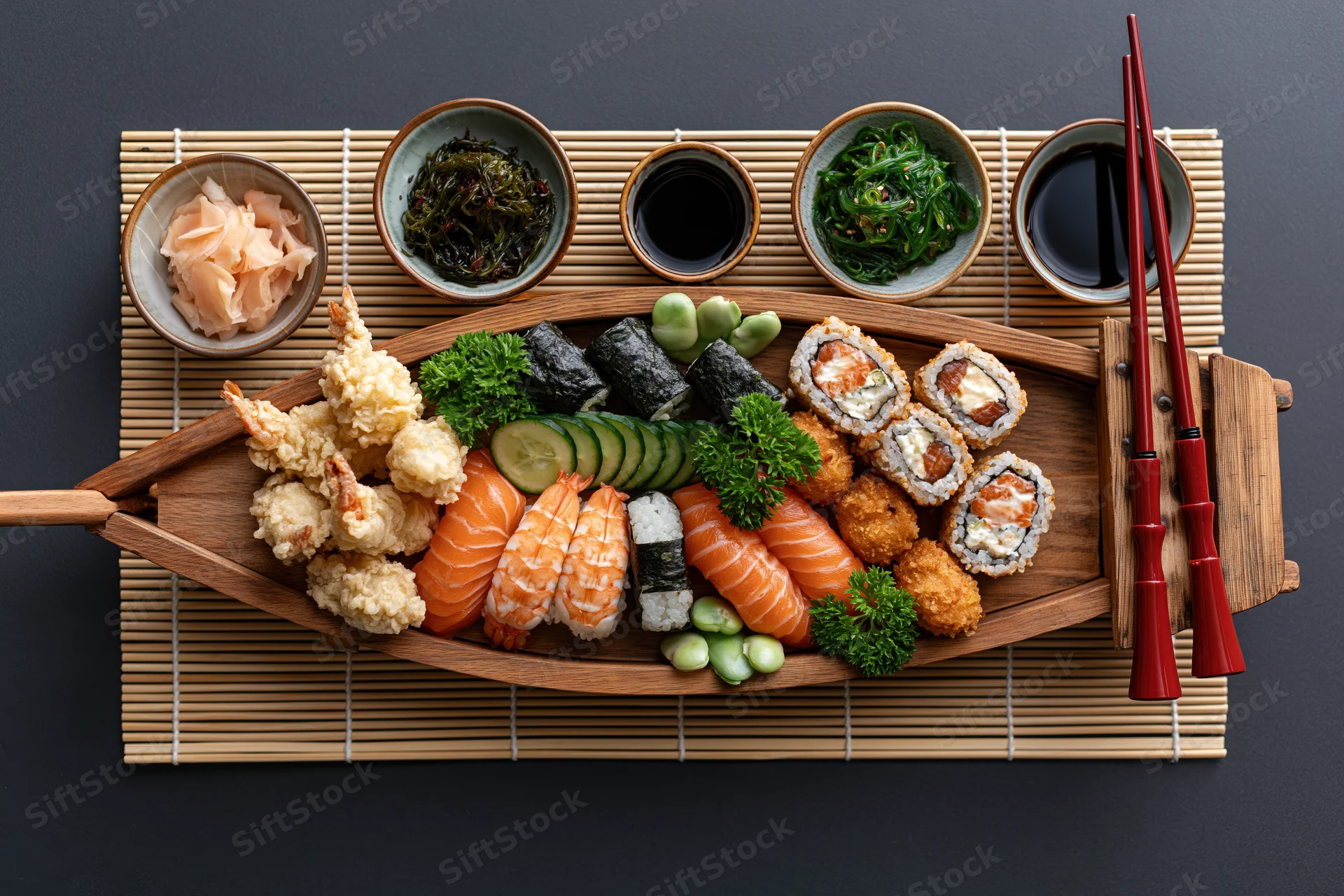 Sushi platter arranged on a wooden boat-shaped tray with chopsticks and condiments on a bamboo mat
