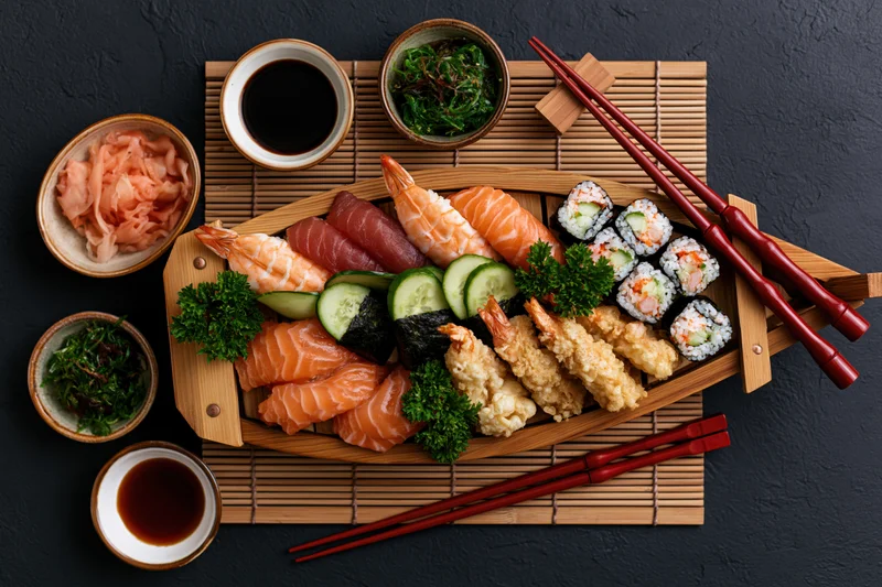 Sushi platter with nigiri, maki, sashimi, tempura, and condiments on a bamboo mat and wooden tray, overhead view