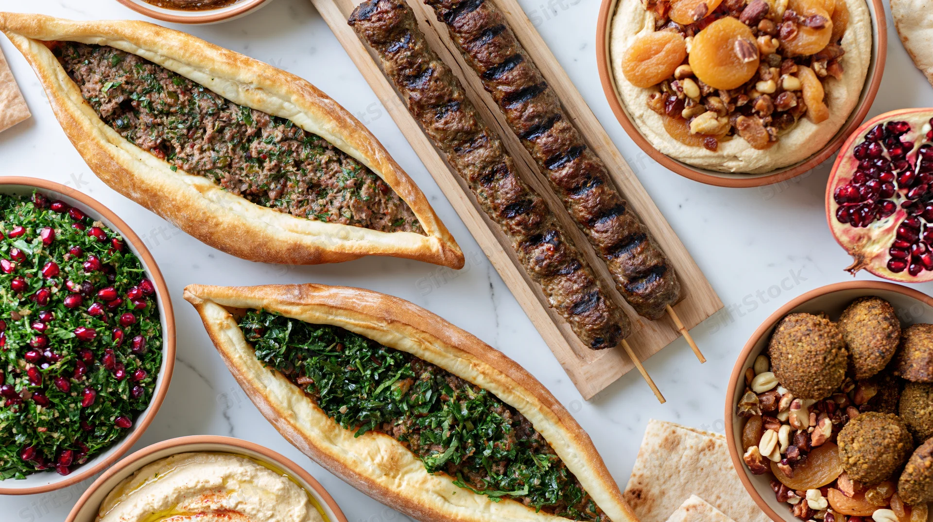 Overhead flat lay of a middle eastern mezze spread with hummus, falafel, kebabs, and pita on a marble table