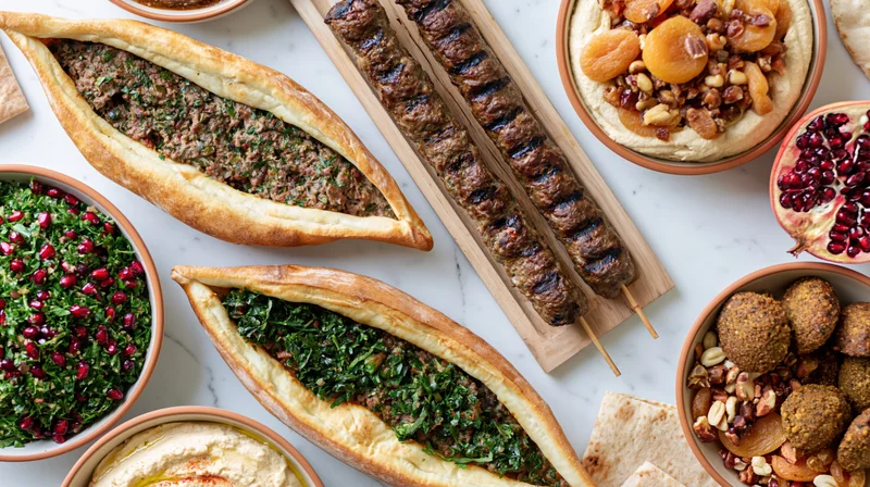 Overhead flat lay of a middle eastern mezze spread with hummus, falafel, kebabs, and pita on a marble table