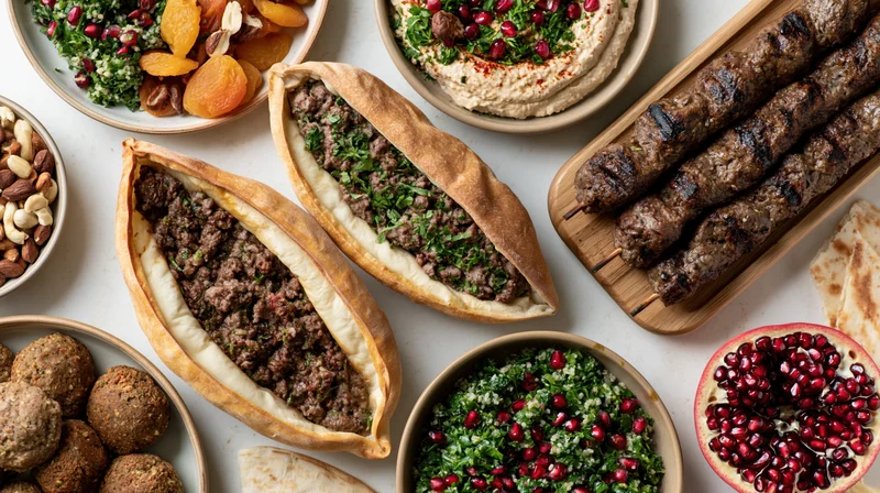 Overhead flat lay of a middle eastern mezze spread with pita, kebabs, hummus, tabbouleh, falafel, and pomegranate on a white surface