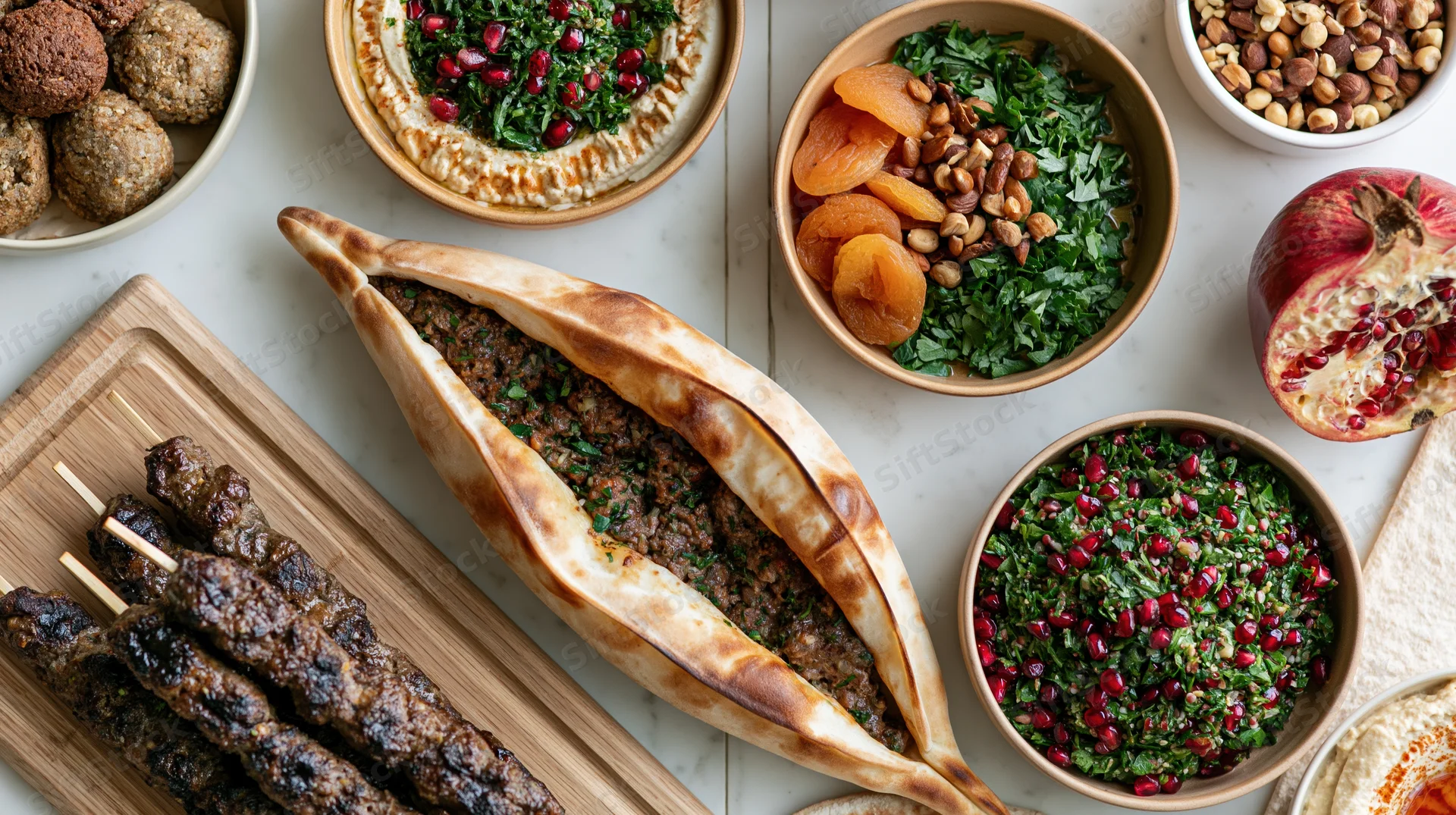 Overhead flat lay of middle eastern mezze spread with kebabs, pita, hummus, tabbouleh, and pomegranate on marble table