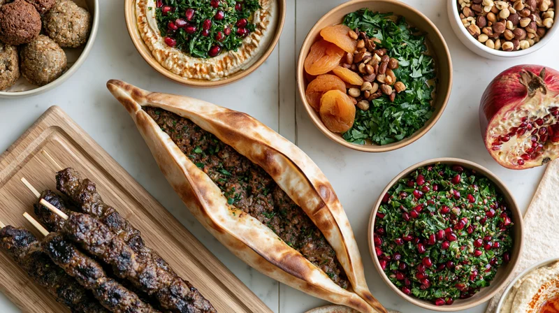 Overhead flat lay of middle eastern mezze spread with kebabs, pita, hummus, tabbouleh, and pomegranate on marble table