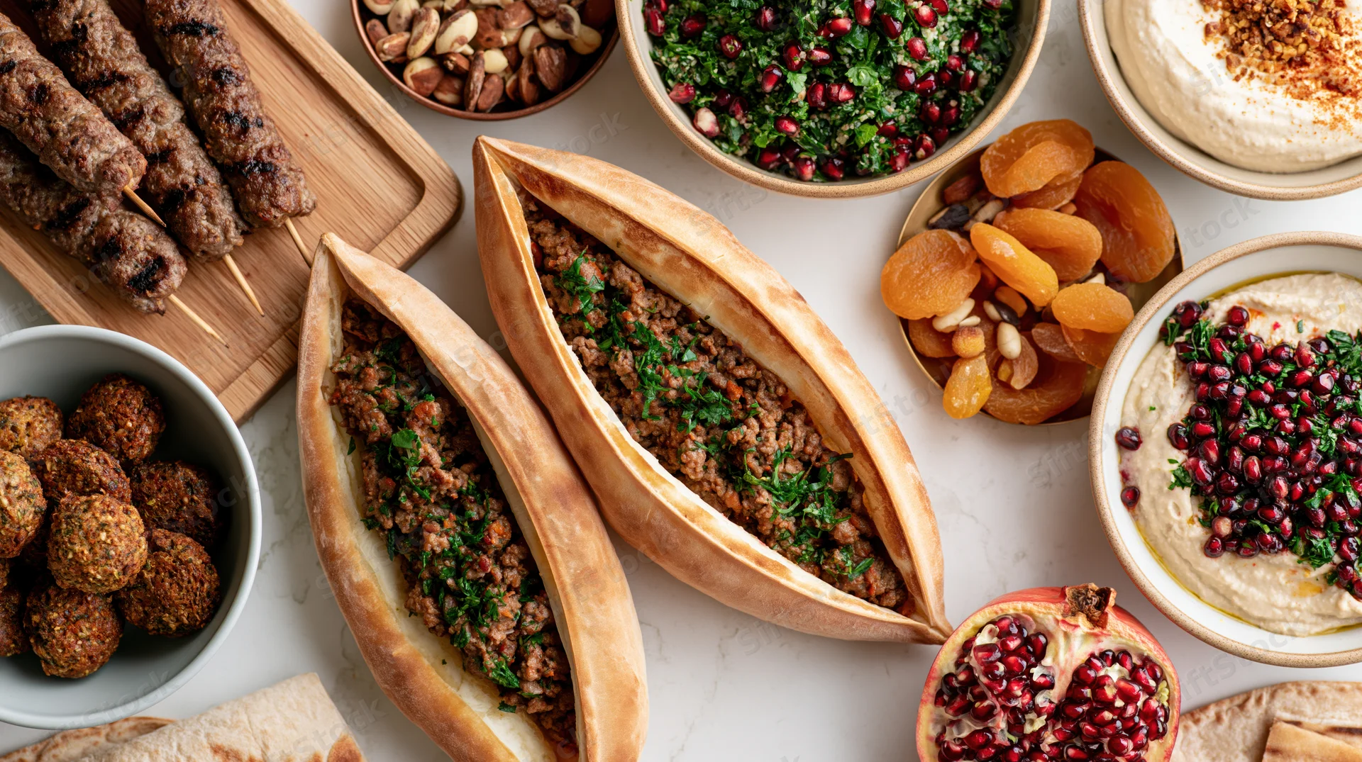 Overhead flat lay of a middle eastern mezze spread with pita, kebabs, falafel, hummus, tabbouleh, and pomegranate on a white marble surface