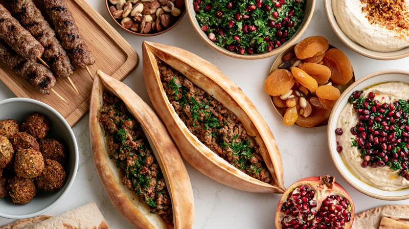 Overhead flat lay of a middle eastern mezze spread with pita, kebabs, falafel, hummus, tabbouleh, and pomegranate on a white marble surface