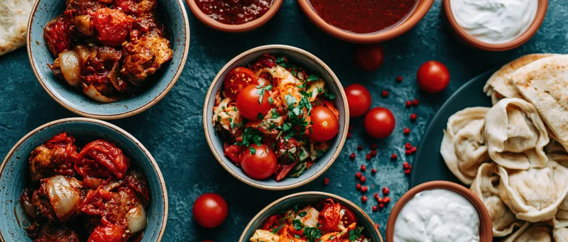 Overhead flat lay of middle eastern mezze dishes with bowls of stew, yogurt, tomatoes, and flatbread on dark blue surface