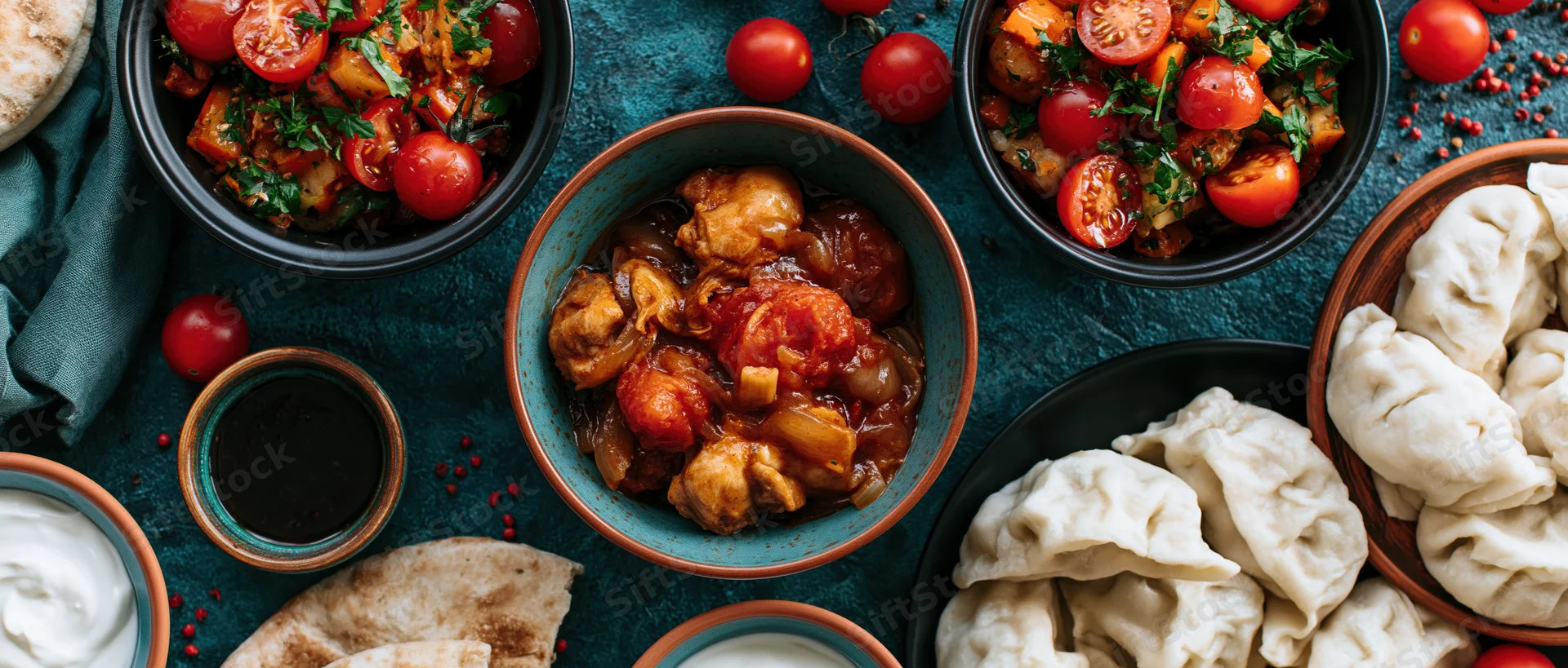 Overhead flat lay of mezze dishes with chicken stew, dumplings, flatbread, yogurt, and tomatoes on a dark blue textured surface