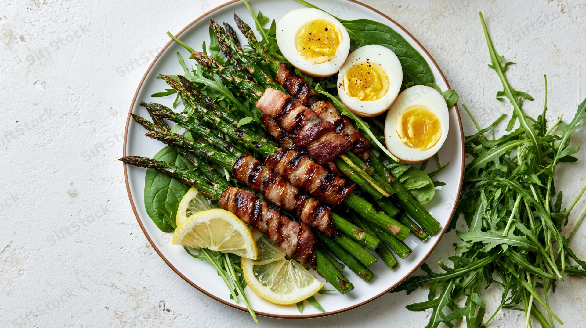 Bacon-wrapped asparagus with soft-boiled eggs and lemon slices on a ceramic plate with arugula and spinach, overhead flat lay