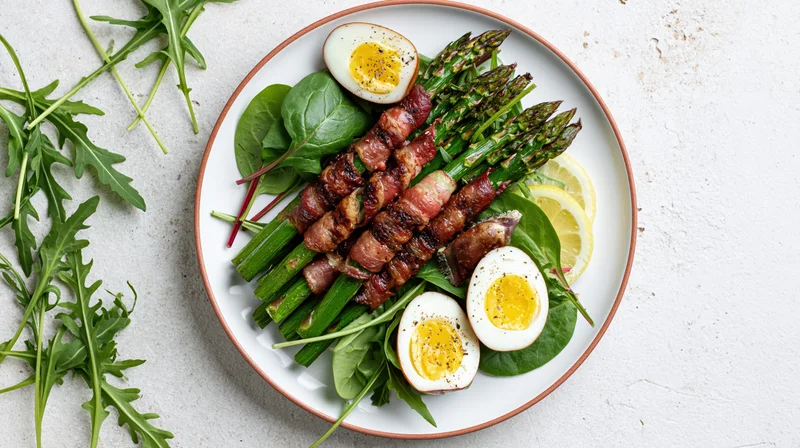 Bacon-wrapped asparagus with hard-boiled eggs and greens on a ceramic plate, overhead view