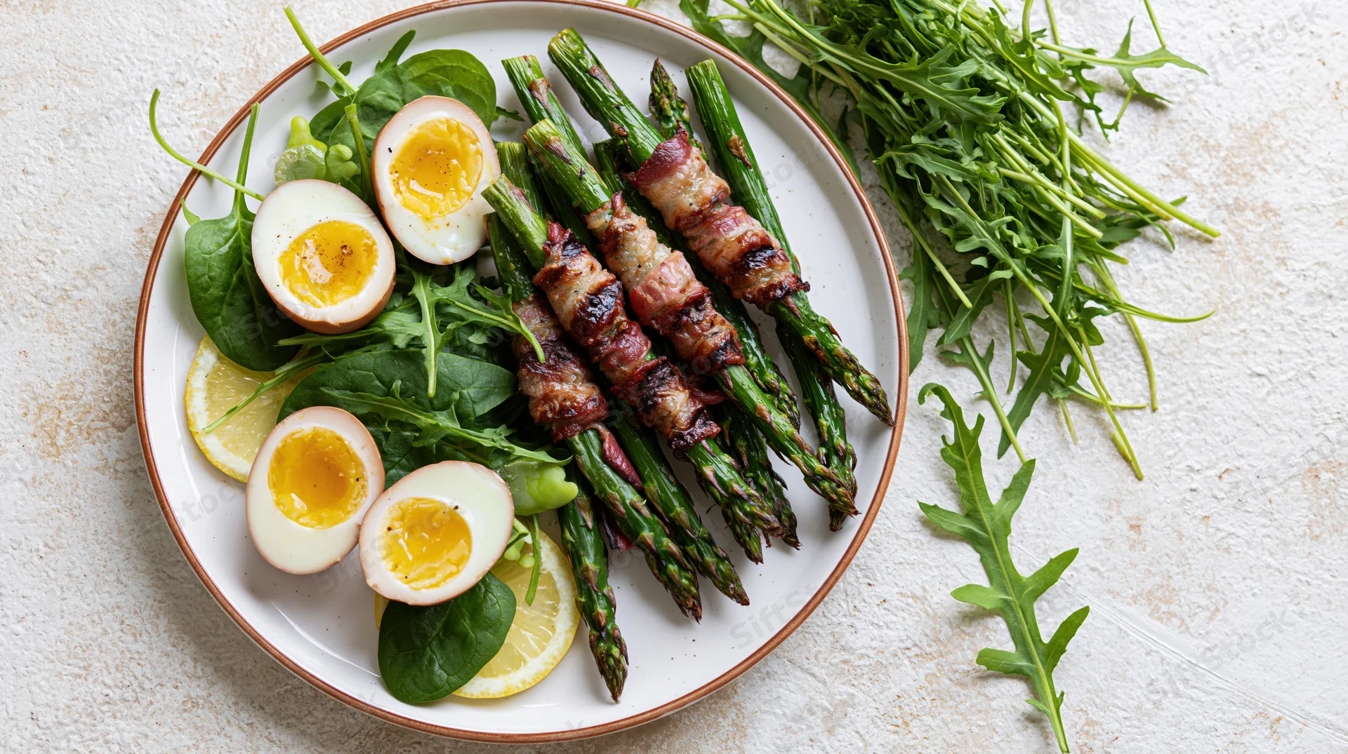 Bacon-wrapped asparagus and soft-boiled eggs on a ceramic plate with arugula and lemon slices, overhead view