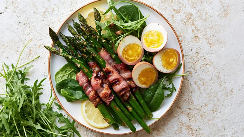 Bacon-wrapped asparagus with soft-boiled eggs and greens on a ceramic plate in overhead view