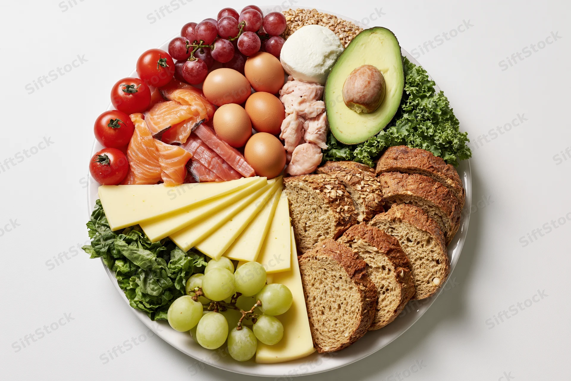 Circular arrangement of food groups on a white plate viewed from above