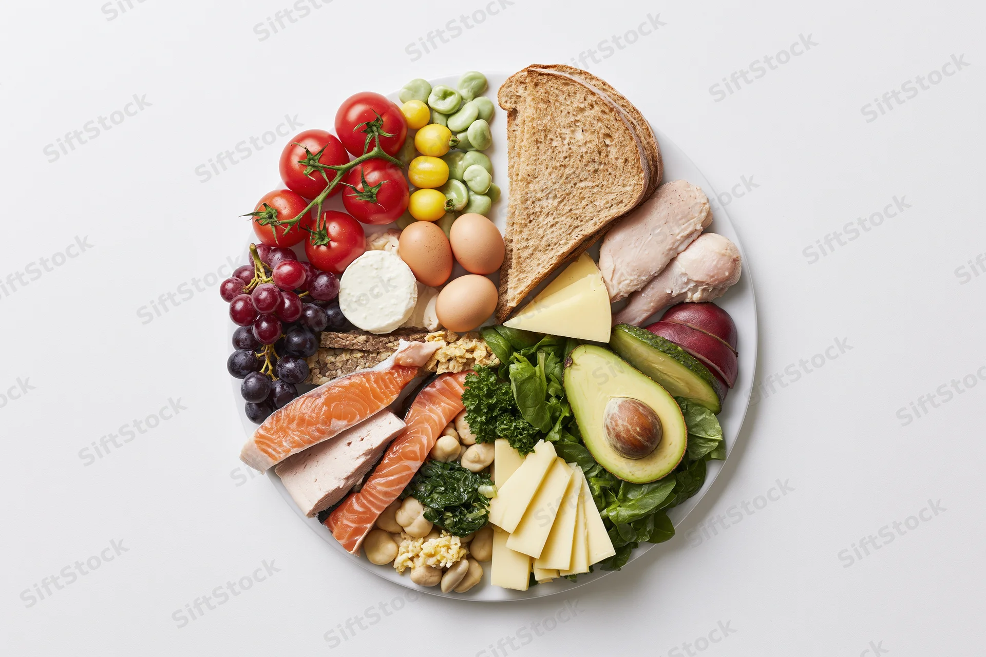 Circular arrangement of diverse food groups on a white plate viewed from above
