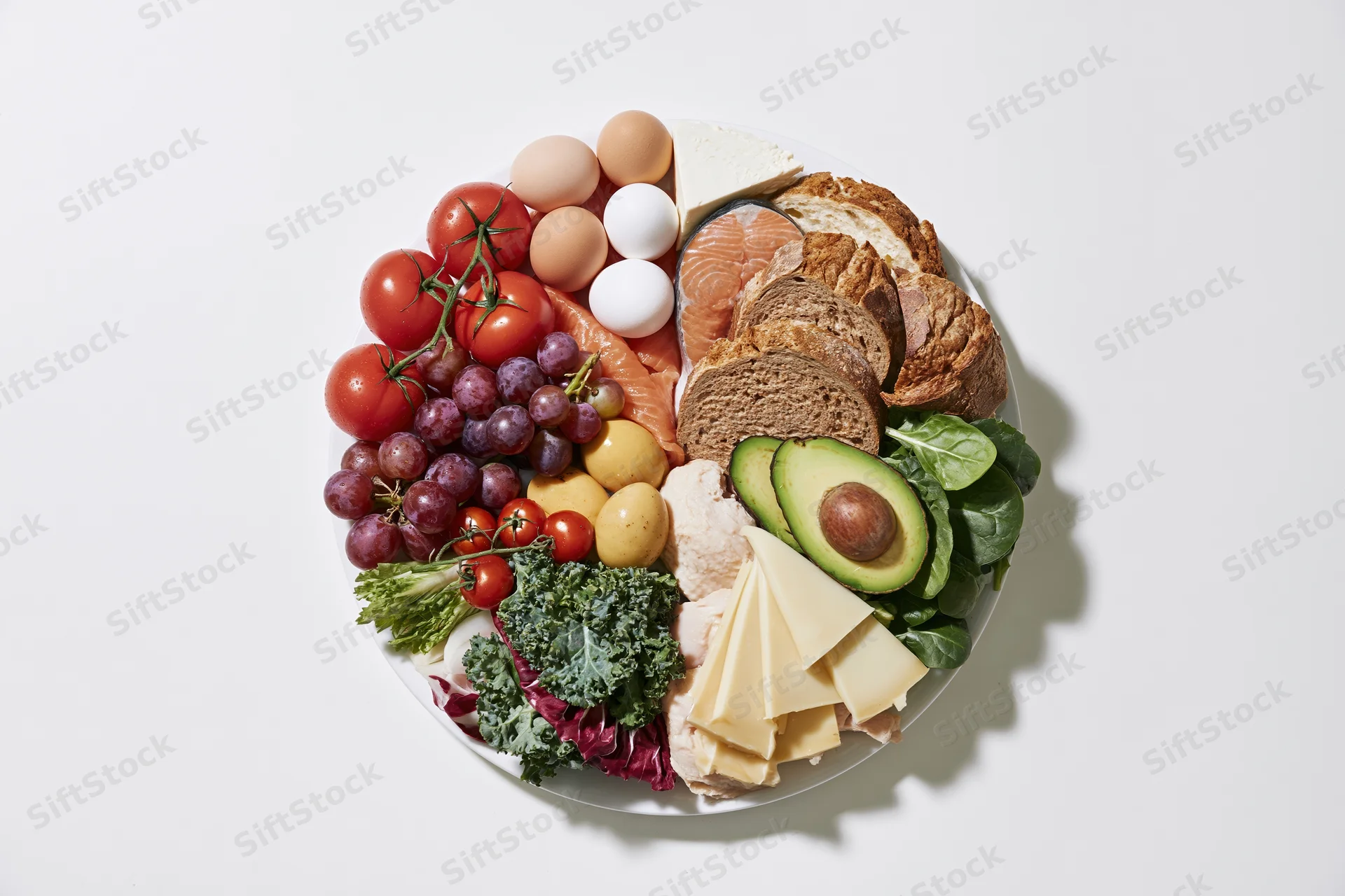 Circular arrangement of various food groups on a white plate viewed from above