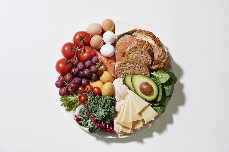 Circular arrangement of various food groups on a white plate viewed from above