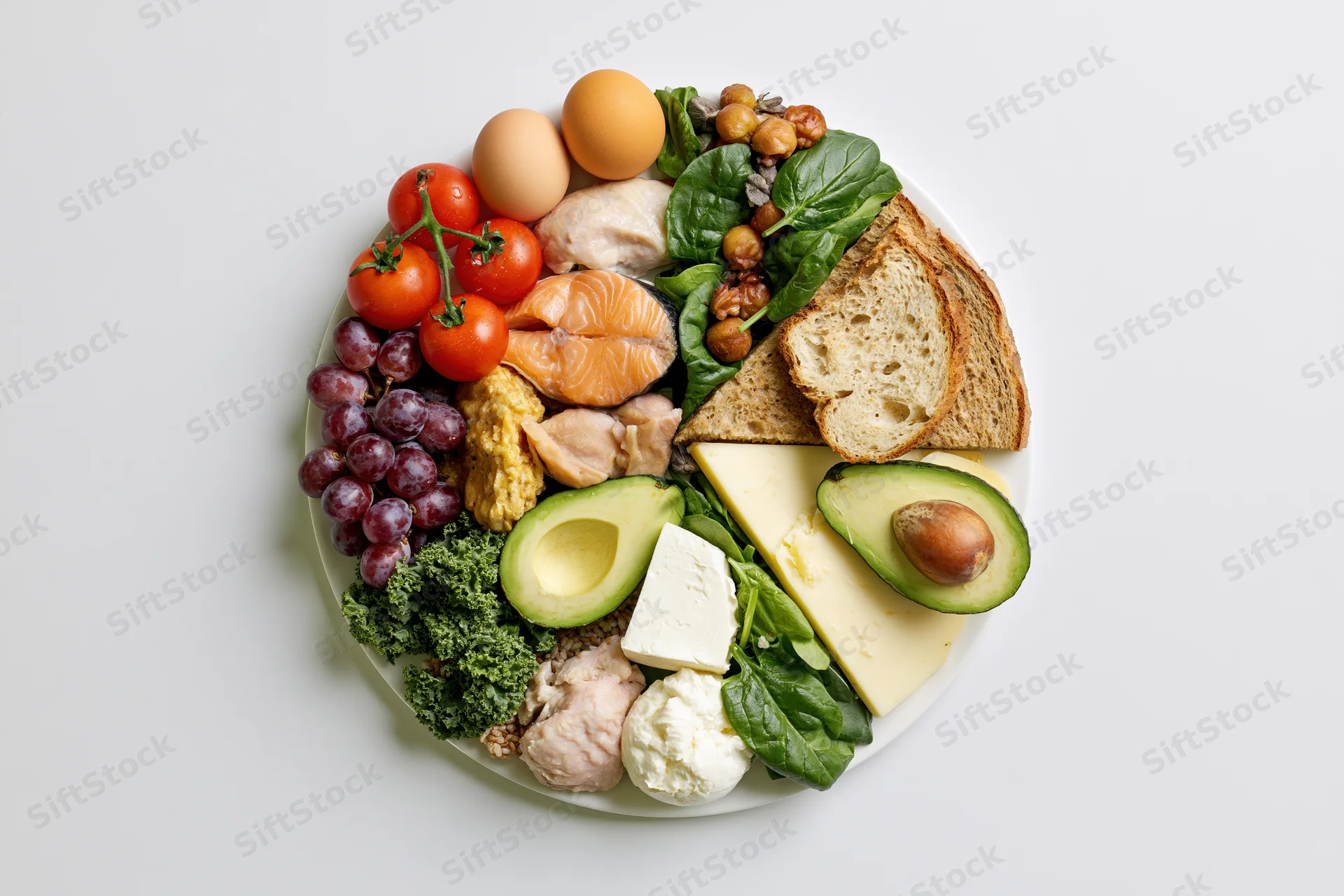 Circular arrangement of diverse food groups on a white plate viewed from above