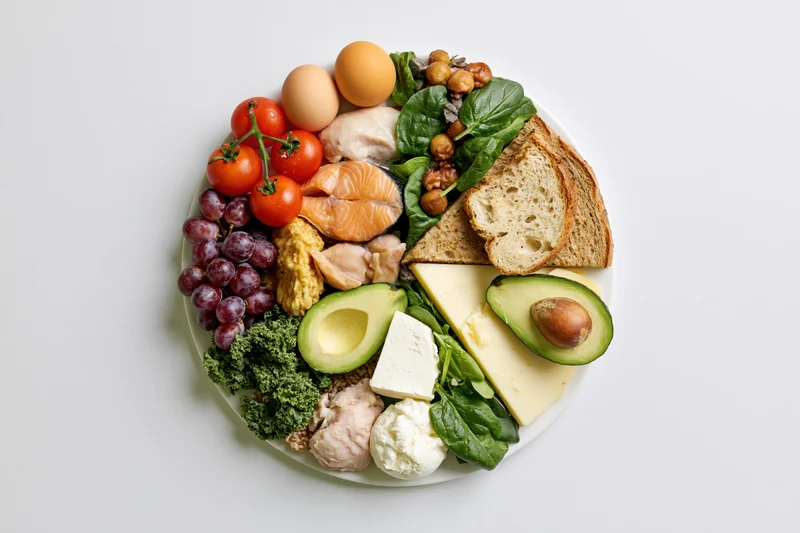 Circular arrangement of diverse food groups on a white plate viewed from above