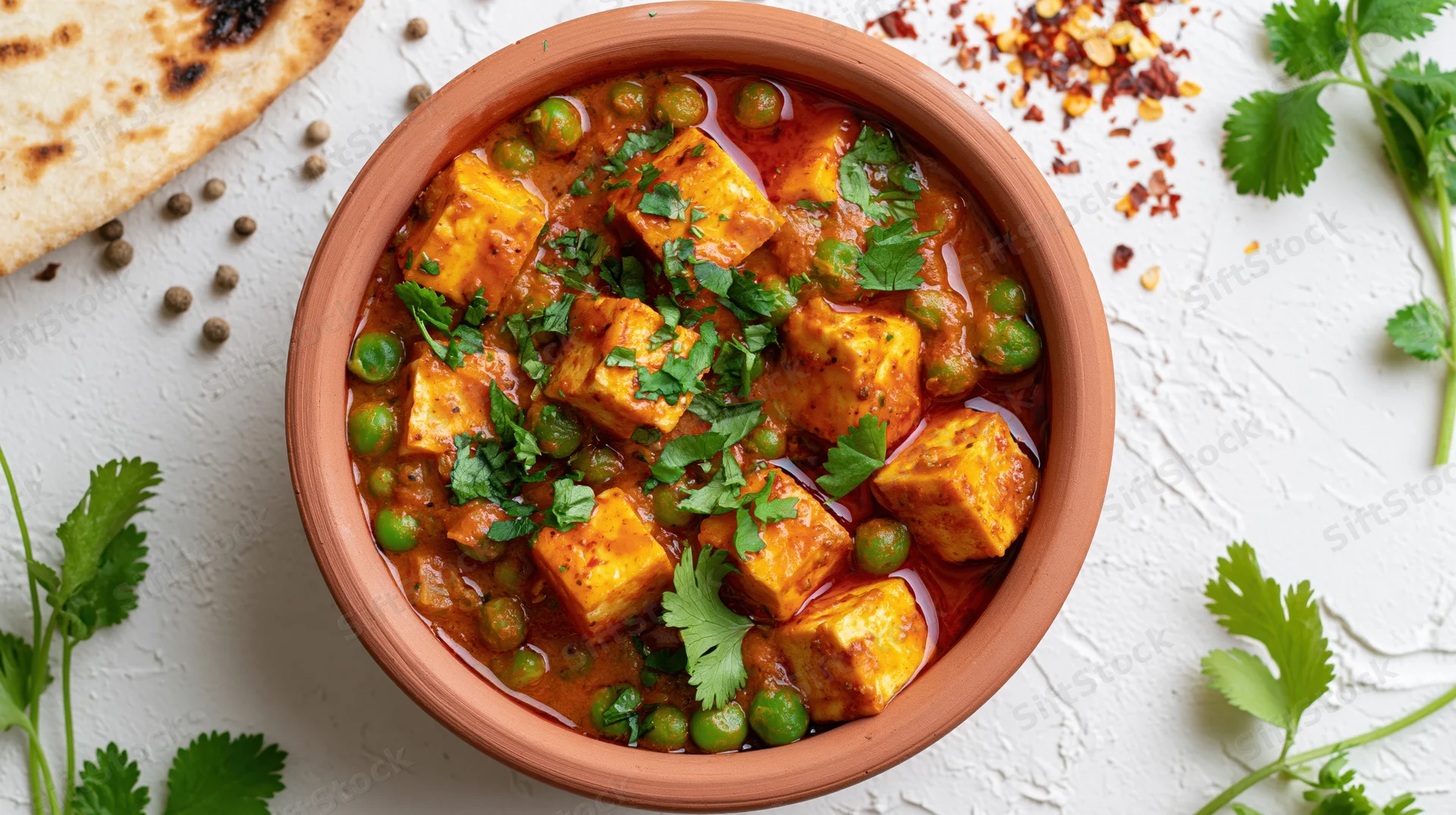 Clay bowl of paneer and pea curry garnished with cilantro on a white textured surface