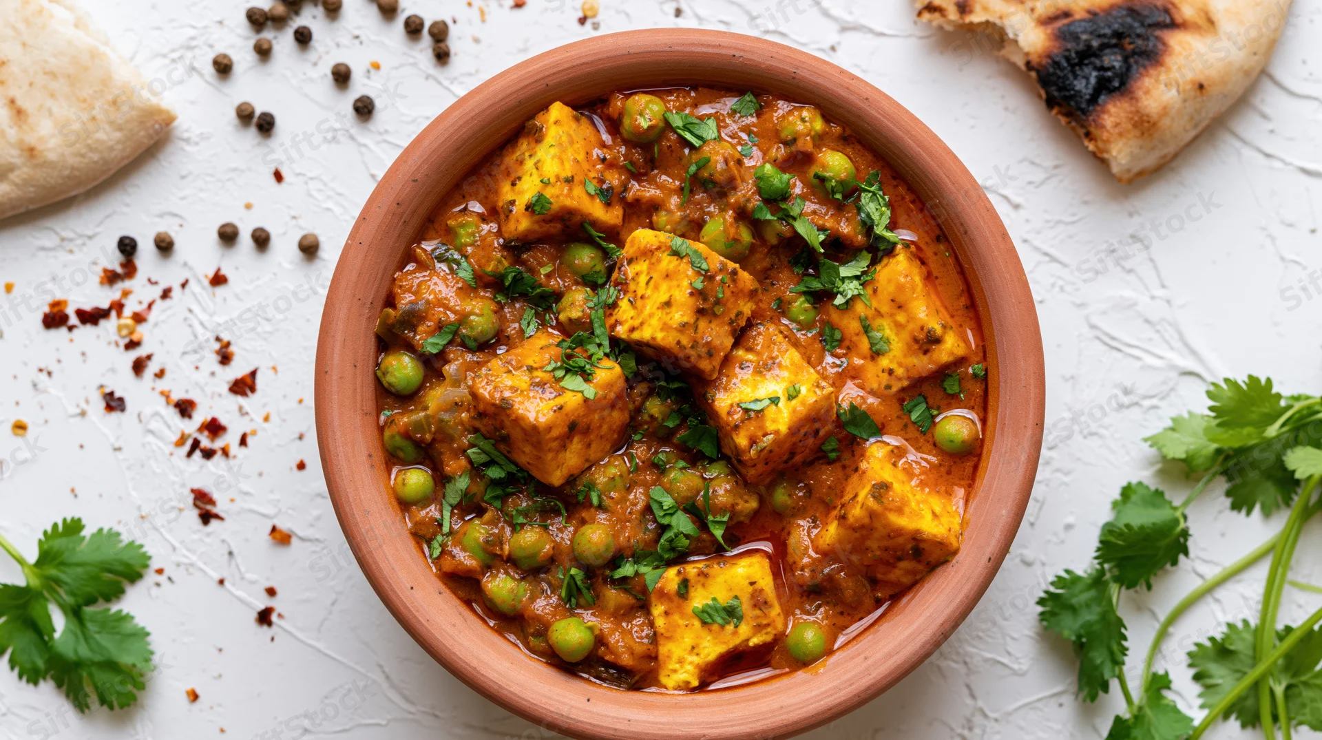 Clay bowl of paneer and pea curry with cilantro and naan on textured white surface
