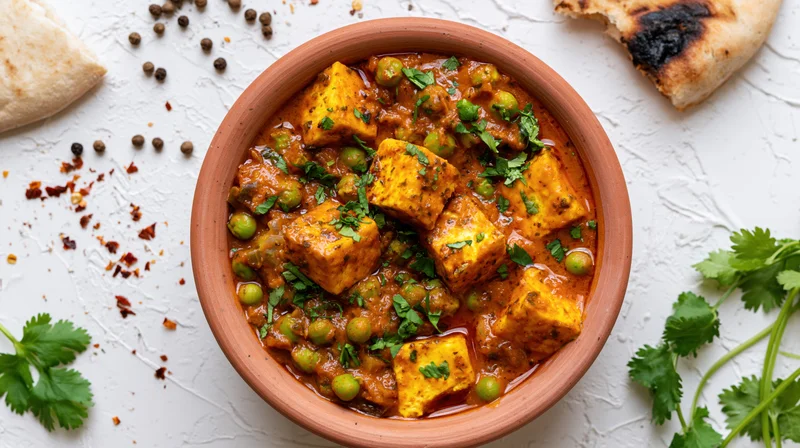 Clay bowl of paneer and pea curry with cilantro and naan on textured white surface