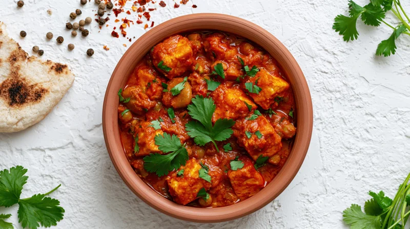 Clay bowl of paneer and pea curry with cilantro garnish and naan bread on textured white surface