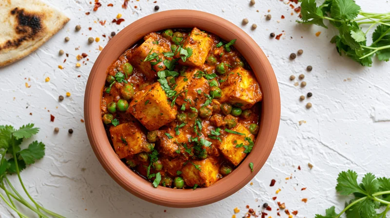 Clay bowl of paneer and pea curry with cilantro garnish on white textured surface