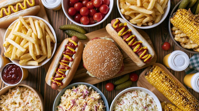 Overhead flat lay of a spread of hotdogs, hamburgers, fries, corn, coleslaw and condiments on a wooden table