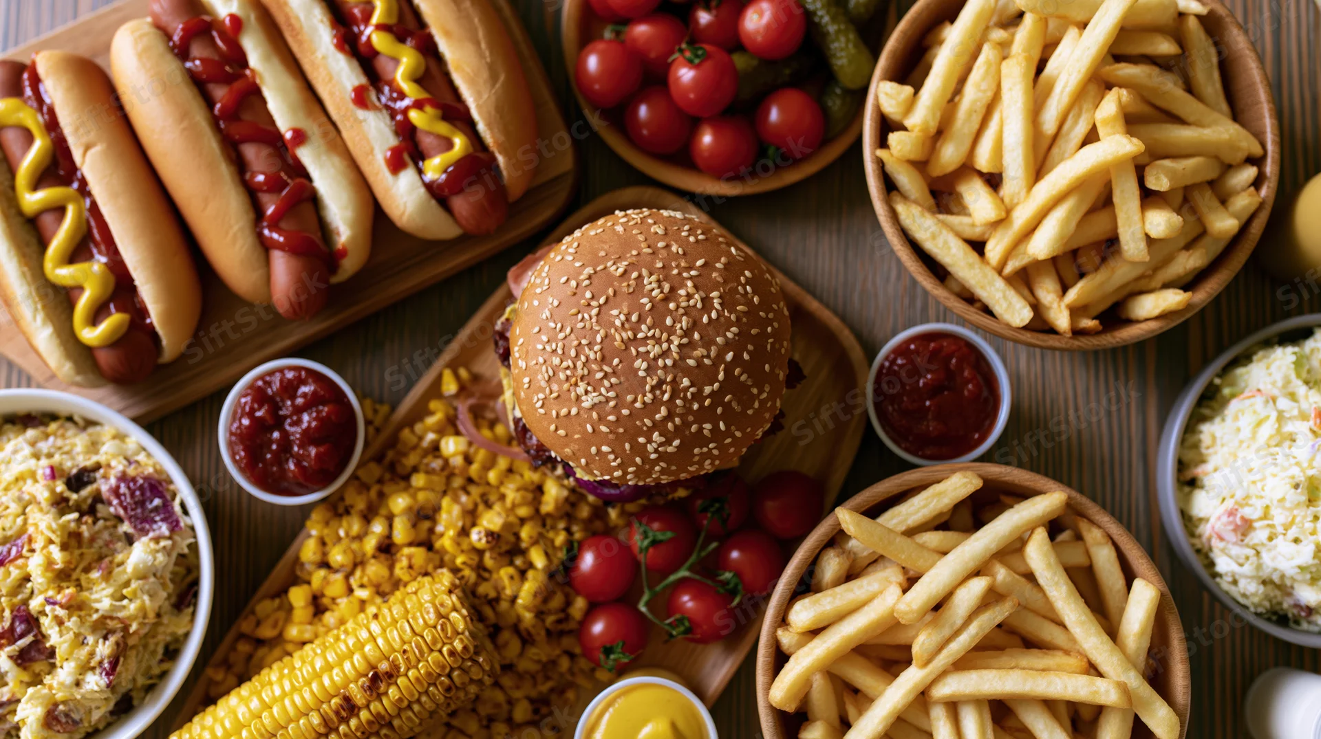 Overhead flat lay of a burger, hotdogs, fries, corn, coleslaw and condiments on a wooden table