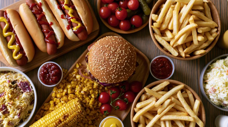 Overhead flat lay of a burger, hotdogs, fries, corn, coleslaw and condiments on a wooden table