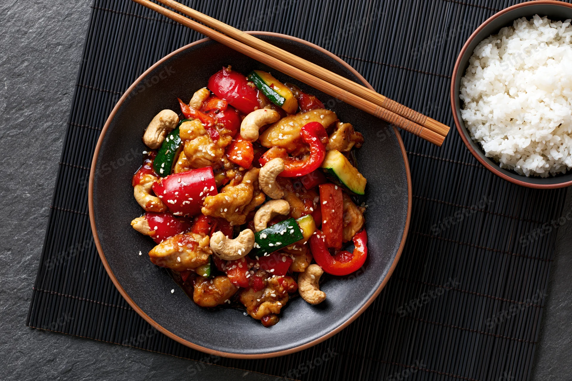 Stir fry with chicken and cashews in a dark ceramic bowl with chopsticks and rice on a bamboo mat