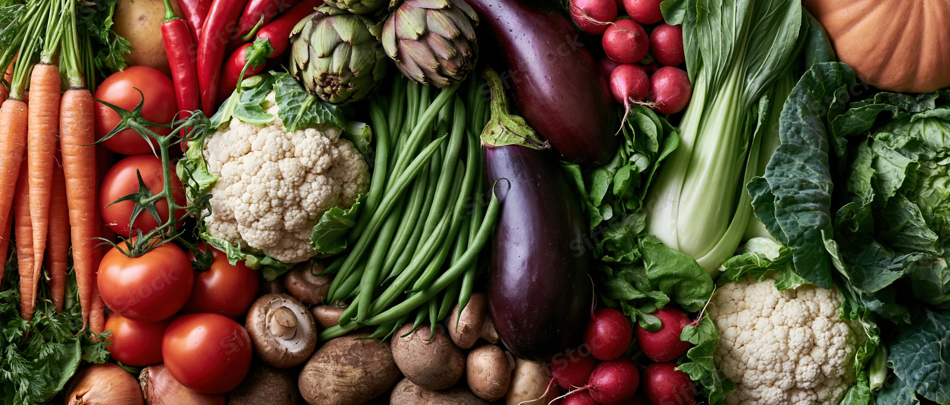 Overhead flat lay of fresh raw vegetables densely arranged in a colorful harvest display