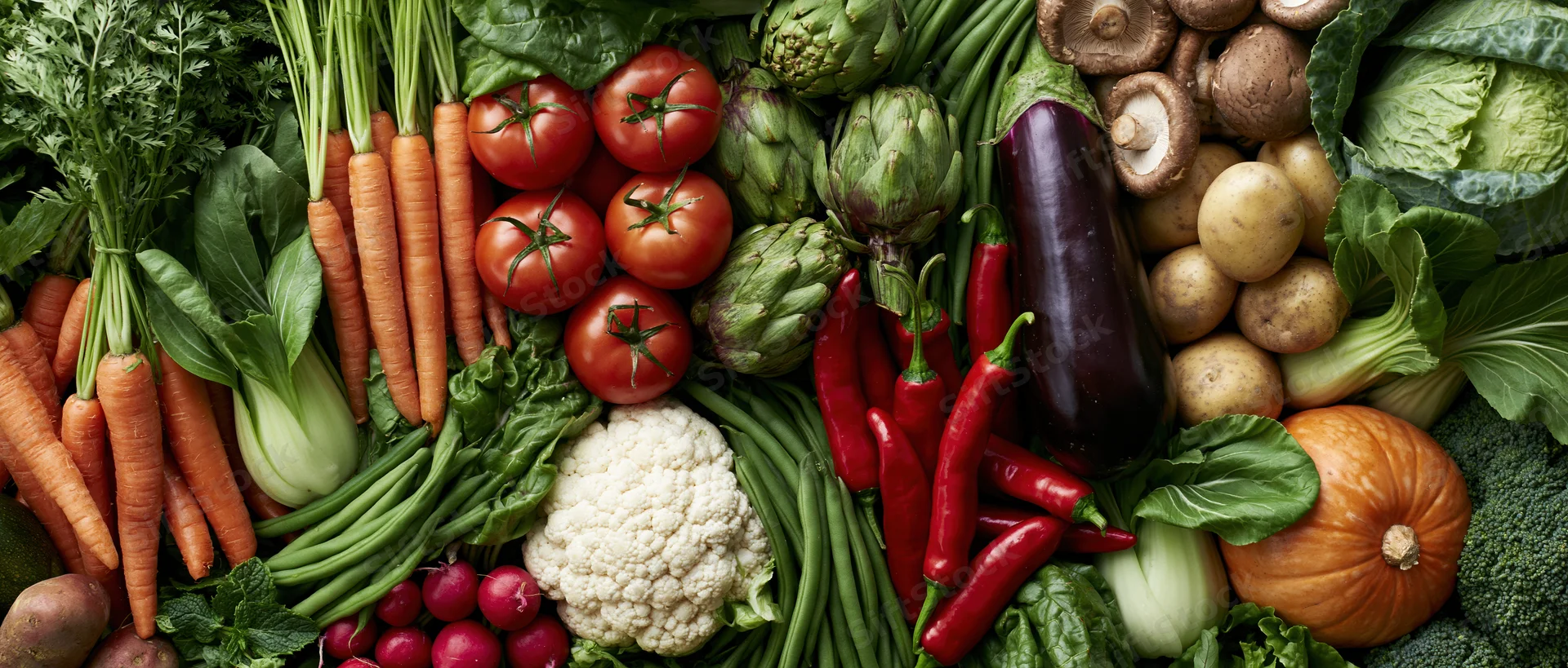 Overhead flat lay of fresh raw vegetables arranged densely in a colorful composition