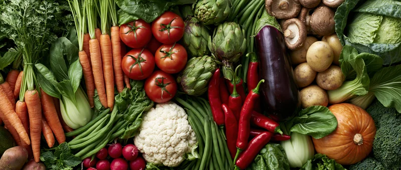 Overhead flat lay of fresh raw vegetables arranged densely in a colorful composition