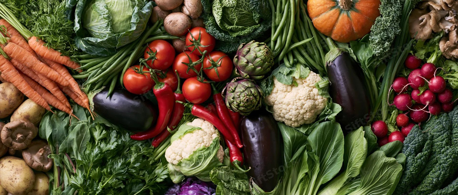 Overhead flat lay of fresh raw vegetables arranged densely on a surface