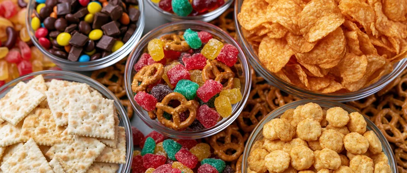 Overhead flat lay of assorted junk food snacks in glass bowls on a pretzel background