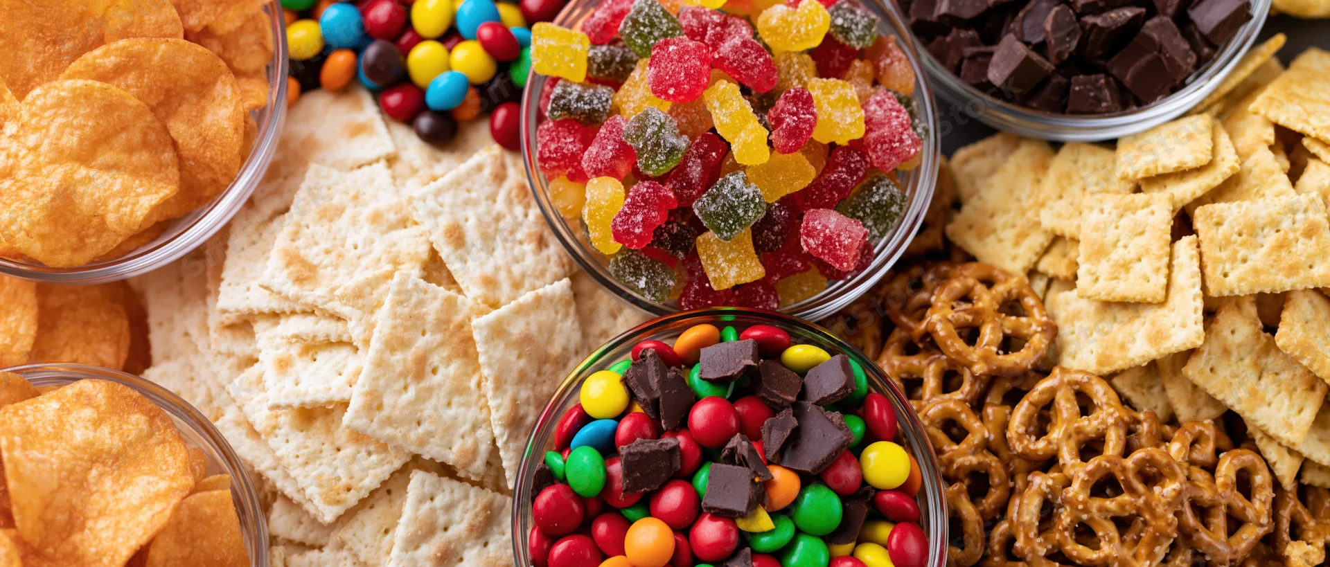 Overhead flat lay of assorted junk food snacks in glass bowls and piles on a surface