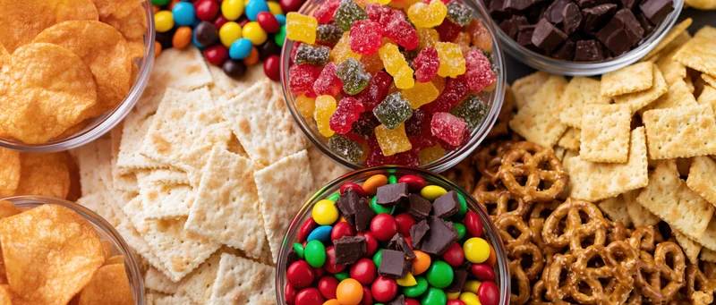 Overhead flat lay of assorted junk food snacks in glass bowls and piles on a surface