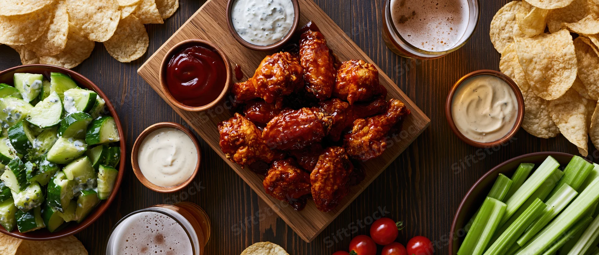 Overhead flat lay of game-day snacks including chicken wings, chips, celery, cucumbers, dips and beer on a dark wood table